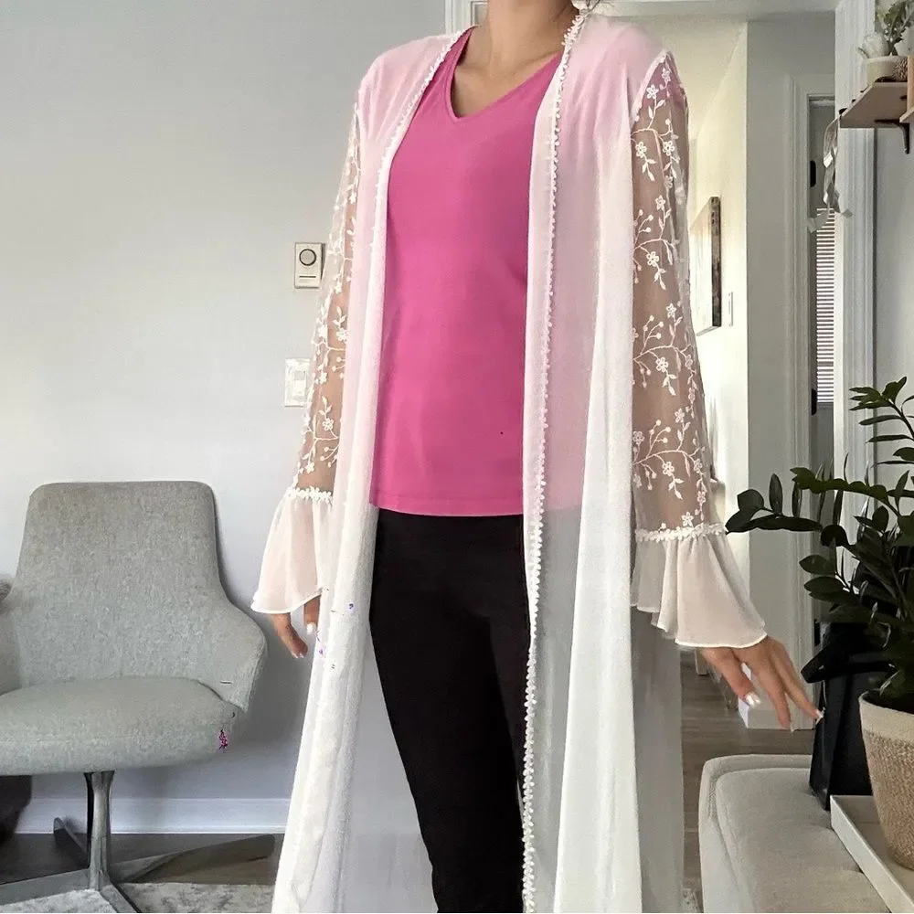 Flora Nikrooz Long Sheer Robe Lace Detail Bell Sleeves Nightgown floor length - Picture 3 of 6